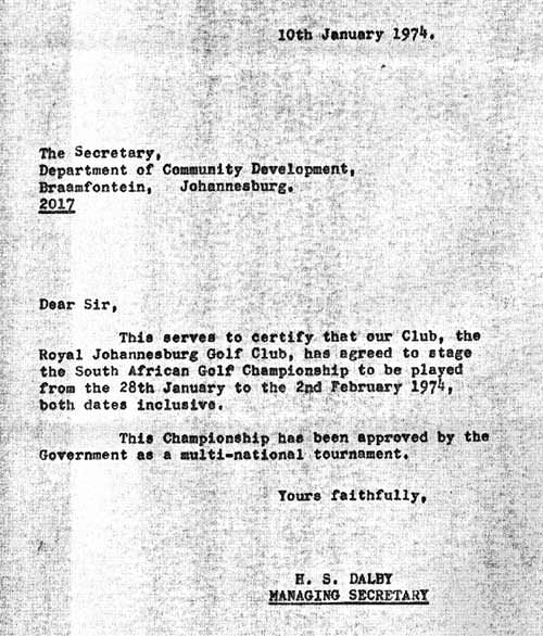 Letter from RJGC to Dept. of Com Dev Regarding the Club's Agreement to Stage the SA Open - 1974