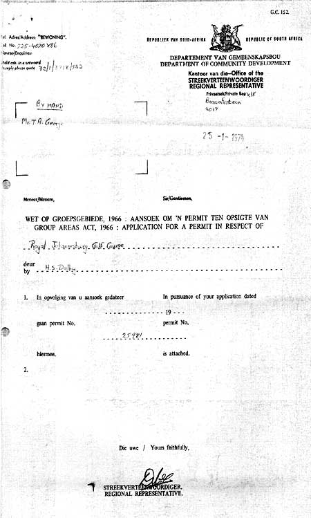 Permit Issued by Dept. of Com.Dev. to Allow RJGC to Stage the SA Open Championship – 1974
